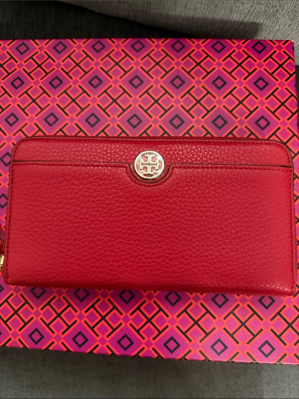 Tory Burch Bright Red Pebbled Leather Zip-Around Wallet